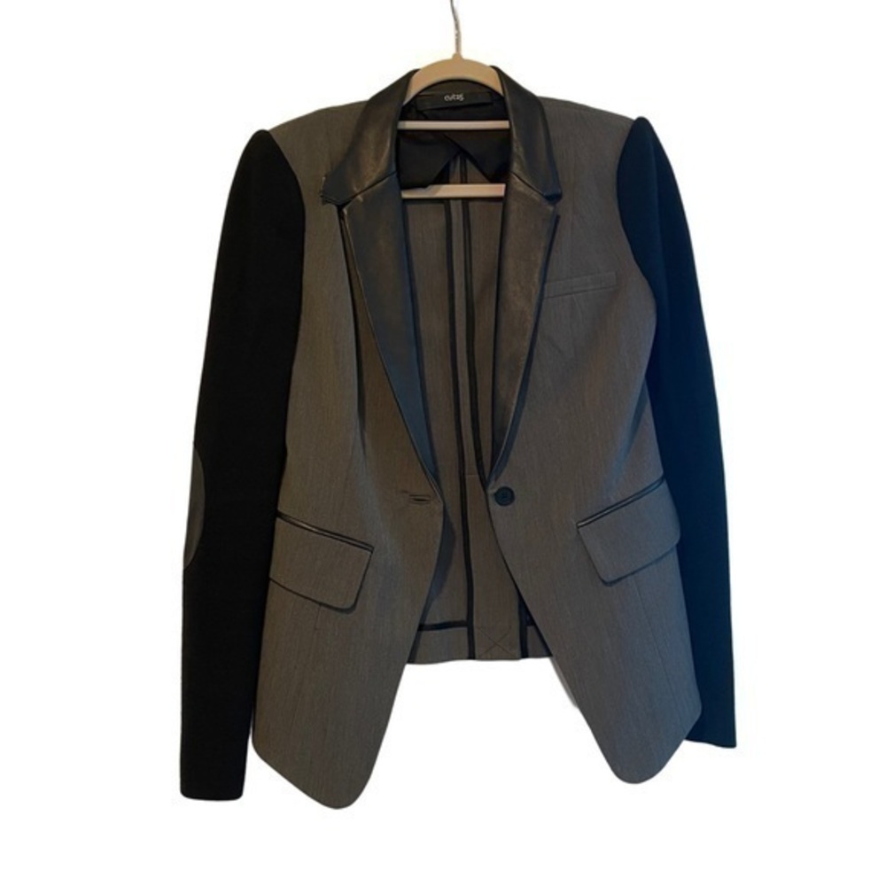 Yigal Azrouel CUT25 6 Grey Black Blazer Jacket Knit Sleeves Leather Details